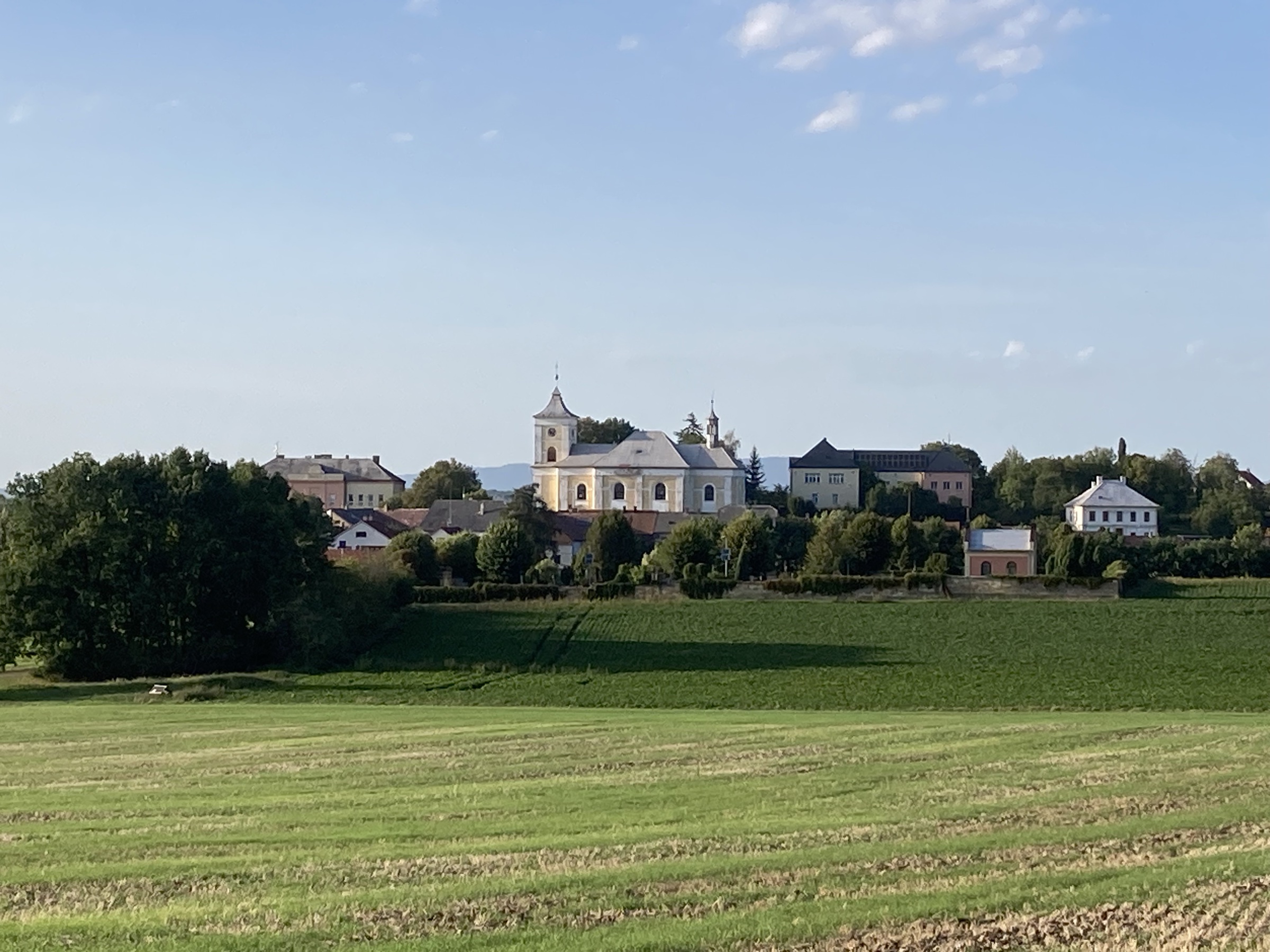 Panorama Vysokého Veselí s kostelem a zámkem nad poli